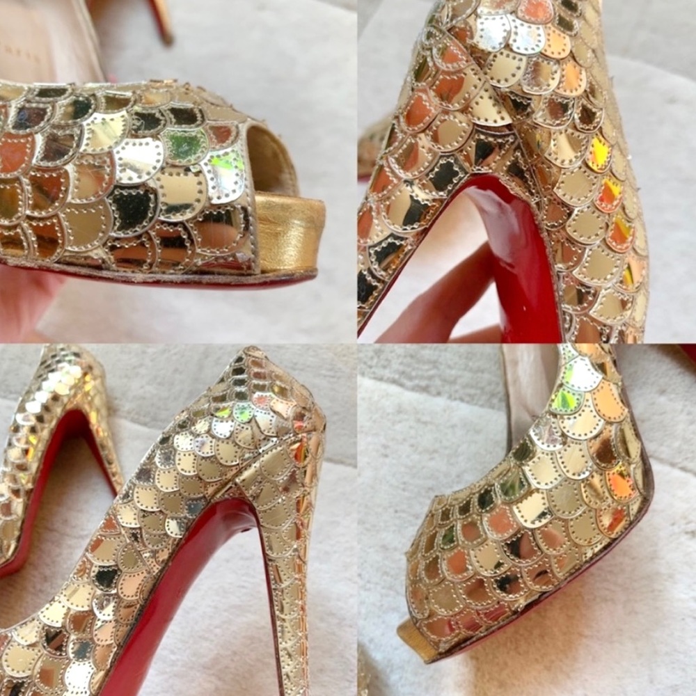 Christian Louboutin Poseidon Mirror Peep Toe Heels- Gold Mermaid Scales - Picture 6 of 14